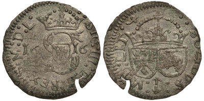 Польша 1 шиллинг (шеляг) 1616 Сигизмунд III (1587-1632), вес 0,79 гр. KM 16.2 серебро 1516-1543