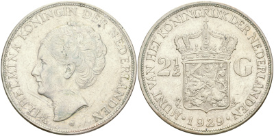 Нидерланды 2 1/2 гульдена 1929 Вильгельмина I (1890-1948), редкий год KM 165 серебро 00-1067-3-23