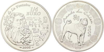 Франция 1/4 евро 2006 китайский гороскоп - год собаки KM 1415 серебро BU 11-057-32