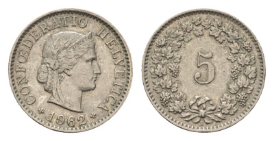Швейцария 5 раппенов 1962 B KM 26 медно-никель 188-1026