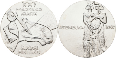 Финляндия 100 марок 1989 Центральный художественный музей Атенеум, лось KM 75 серебро UNC 1525-1335