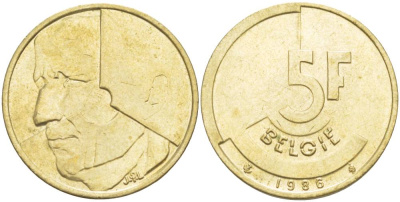 БЕЛЬГИЯ 5 ФРАНКОВ 1986 BELGIE, БОДУЭН I (1951-1993) KM 164 латунь или алюминиевая бронза 4546-255
