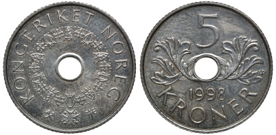 Норвегия 5 крон 1998 Харальд V (1992-) KM 463 медно-никель UNC 4579-735