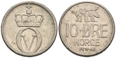 Норвегия 10 эре 1968 пчела, Улаф V (1958-1991) KM 411 медно-никель 4564-826