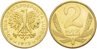 Польша 2 злотых 1979 MW KM 80.1 латунь UNC 60-222