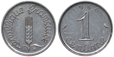 Франция 1 сантим 1966 пятая республика KM 928, Le Franc 106.12 нержавеющая сталь 4124-369