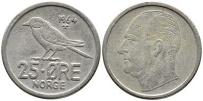 Норвегия 25 эре 1966 Улаф V (1958-1991), синица KM 407 медно-никель 4392-147