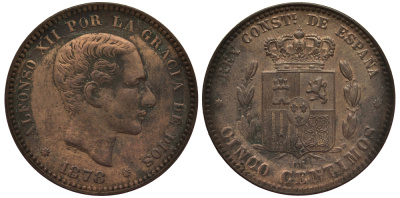 ИСПАНИЯ 5 СЕНТИМО 1878 ОМ, АЛЬФОНСО XIII KM 674 бронза 1522-512