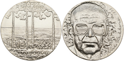 Финляндия 10 марок 1975 S-H, 75 лет президенту Урхо Кекконену KM 54 серебро UNC 4552-1113