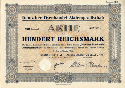 Германия 100 рейхсмарок 1932 Немецкое акционерное общество по торговле железом, акция   бумага  8803-141-1