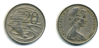 Австралия 20 центов 1967 Елизавета II (1952-2022), утконос KM 66 медно-никель 46-1816