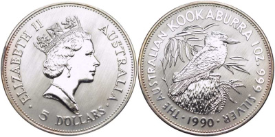 Австралия 5 долларов 1990 кукабара, 1 унция KM 189 серебро UNC 02-262-45