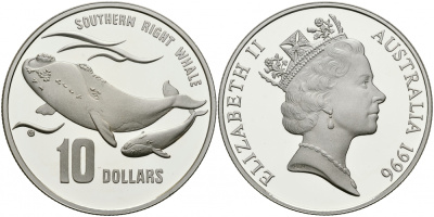Австралия 10 долларов 1996 природа Австралии, южный гладкий кит, с китенком KM 314 серебро PROOF 1087-1-71