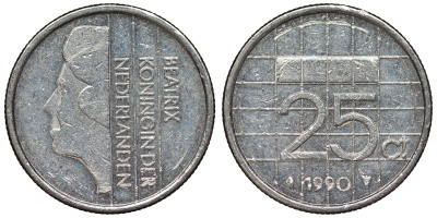 Нидерланды 25 центов 1990 Беатрикс KM 204 никель 71-1041