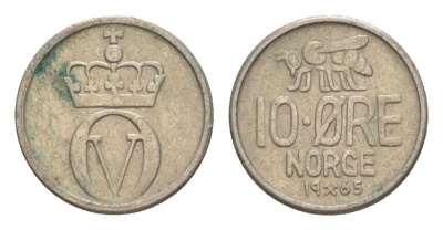 Норвегия 10 эре 1965 Улаф V (1957-1991) KM 411 медно-никель 4632-1152