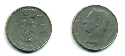 БЕЛЬГИЯ 1 ФРАНК 1959 BELGIQUE KM 142.1 медно-никель 25-1414