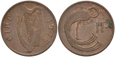 Ирландия 1 пенни 1975 мифологическая птица лира KM 20 бронза 4146-422