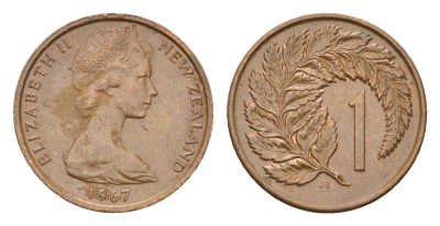 Новая Зеландия 1 цент 1967 Елизавета II (1952-2022), лист папоротника KM 31.1 бронза 4655-214