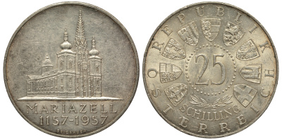 Австрия 25 шиллингов 1957 800 лет Базилике Мариацелля KM 2883 серебро aUNC 1520-135