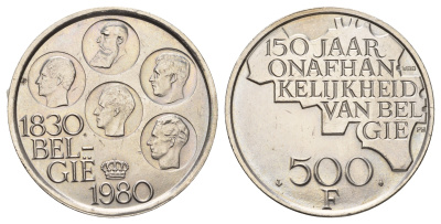 Бельгия 500 франков 1980 150 лет независимости, Belgie KM 162a серебро UNC 1519-1443