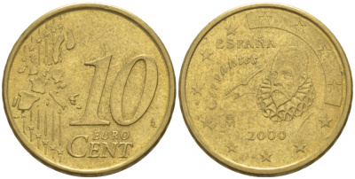 ИСПАНИЯ 10 ЕВРОЦЕНТОВ 2000 KM 1043 латунь 4543-324