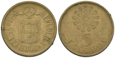 Португалия 5 эскудо 1990 KM 632 никель латунь 4618-367
