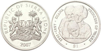 Сьерра-Леоне 1 доллар 2007 10 лет со дня смерти Принцессы Дианы KM 338 медно-никель BU 4368-1215