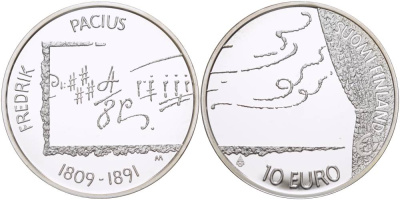 Финляндия 10 евро 2009 Фредрик Пациус, композитор KM 148 серебро  PROOF 1084-9-61