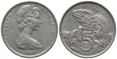 Новая Зеландия 5 центов 1967 Елизавета II (1952-2022), ящерица гаттерия KM 34.1 медно-никель 54-1267