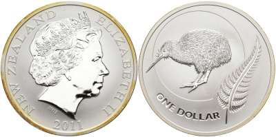 Новая Зеландия 1 доллар 2011 птица киви, Елизавета II (1952-2022) KM 335 серебро PROOF 11-170-41