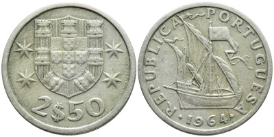 Португалия 2,5 эскудо 1964 парусник KM 590 медно-никель 4392-1334