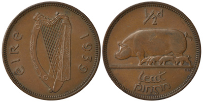 ИРЛАНДИЯ 1/2 ПЕННИ 1939 СВИНЬЯ С ПОРОСЯТАМИ KM 10 бронза 1525-914