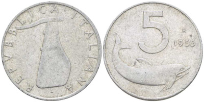 ИТАЛИЯ 5 ЛИР 1955 R, РУЛЬ, ДЕЛЬФИН KM 92 алюминий 175-122