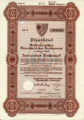 Германия 2000 рейхсмарок 1940 Мекленбургский рыцарский кредитный клуб, 4 1/2%, облигация   бумага   8803-45-1