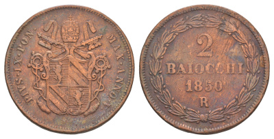 Папская область 2 байокко 1850 R, Пий IX (1846-1878) KM 1344 медь 633-413