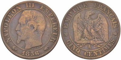 Франция 5 сантимов 1856 A, Наполеон III (1852-1870) KM 777.1, Le Franc 116.30 бронза 108-422