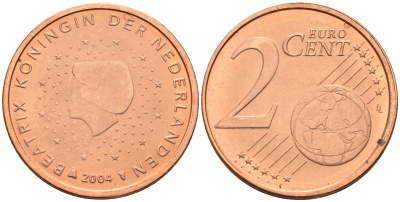 Нидерланды 2 евроцента 2004  КМ 235 сталь плакированная медью UNC   4160-1145