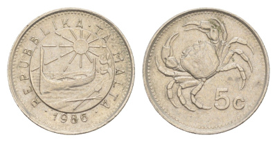 Мальта 5 центов 1986 краб KM 77 медно-никель 4644-1249