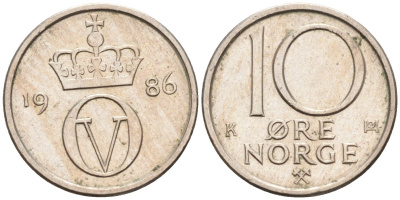 Норвегия 10 эре 1986 Улаф V (1958-1991) KM 416 медно-никель 4585-819