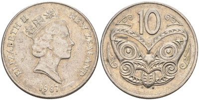 Новая Зеландия 10 центов 1987 Елизавета II (1952-2022), маска маори KM 61 медно-никель 4126-1233