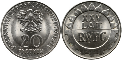 Польша 20 злотых 1974 MW, 25 лет Совету экономической взаимопомощи KM 70, Parchimowicz 247 медно-никель UNC 441-835