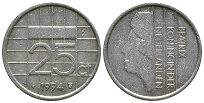 НИДЕРЛАНДЫ 25 ЦЕНТОВ 1994 БЕАТРИКС KM 204 никель 4383-1123