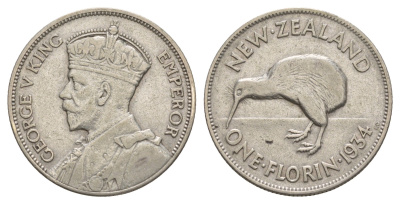 Новая Зеландия 2 шиллинга (флорин) 1934 Георг V (1910-1936), птичка киви KM 4 серебро 5010-1235