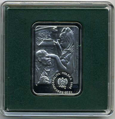 Польша 20 злотых 2003 Ясек Малжевски, аллегория Смерти закрывающей глаза старику, цветная эмаль, в оригинальной пластиковой коробке KM 478 серебро PROOF 4-5-3-04