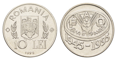 Румыния 10 леев 1995 N, 50 лет продовольственной программе - ФАО KM 117 сталь плакировнная никелем BU 11-264-16