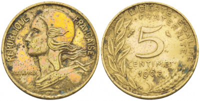 ФРАНЦИЯ 5 САНТИМОВ 1968 ТИП MARIANNE KM 933, LE FRANC 125.4 алюминиевая бронза 112-828