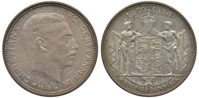 Дания 2 кроны 1930 N; AH, 60 лет королю Кристиану X (1870-1930) KM 829 серебро 69-425
