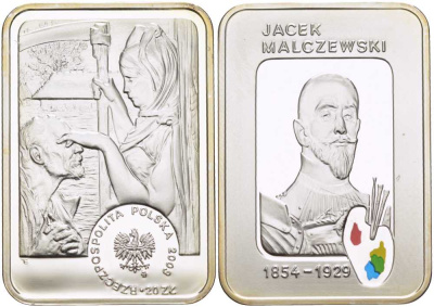 Польша 20 злотых 2003 Ясек Малжевски, аллегория Смерти закрывающей глаза старику, цветная эмаль, в оригинальной пластиковой коробке KM 478 серебро PROOF 3-5-3-42