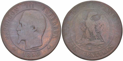 Франция 10 сантимов 1856 BB, Наполеон III (1852-1870) KM 771.3, Le Franc 133.34 бронза    4680-623
