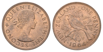 Новая Зеландия 1 пенни 1964 Елизавета II (1952-2022), новозеландский туи KM 24.2 бронза aUNC 4587-1016